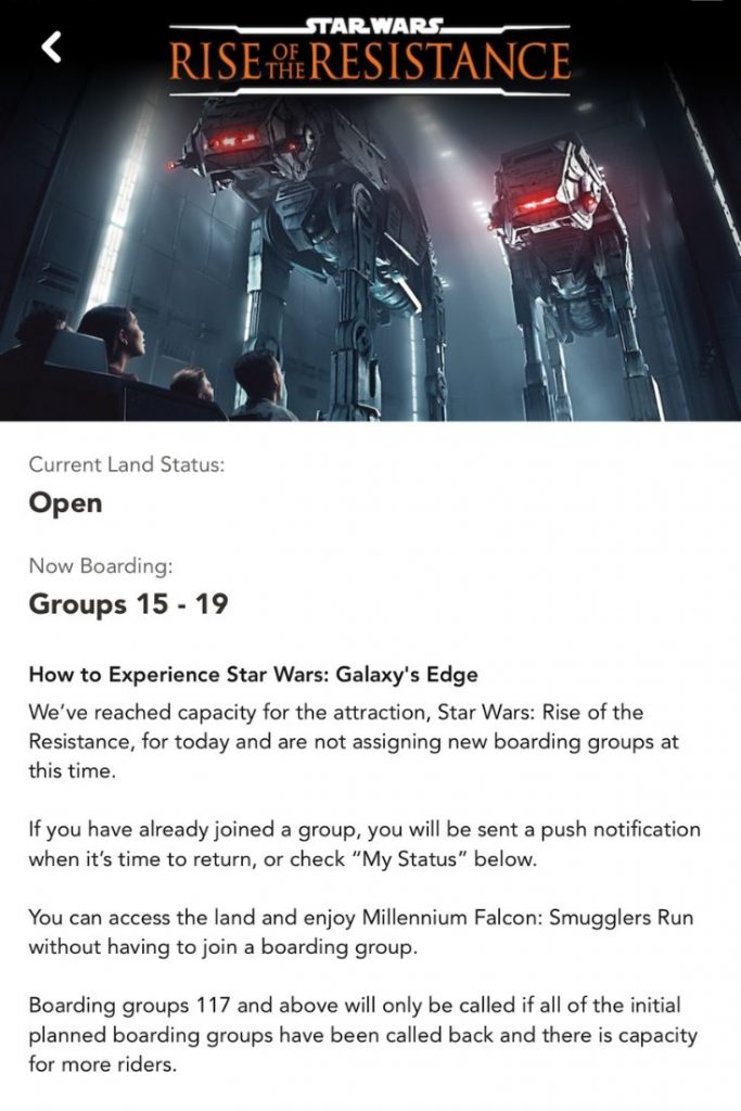 Star Wars Rise of the Resistance Virtual Queue Boarding Pass Group Numbers