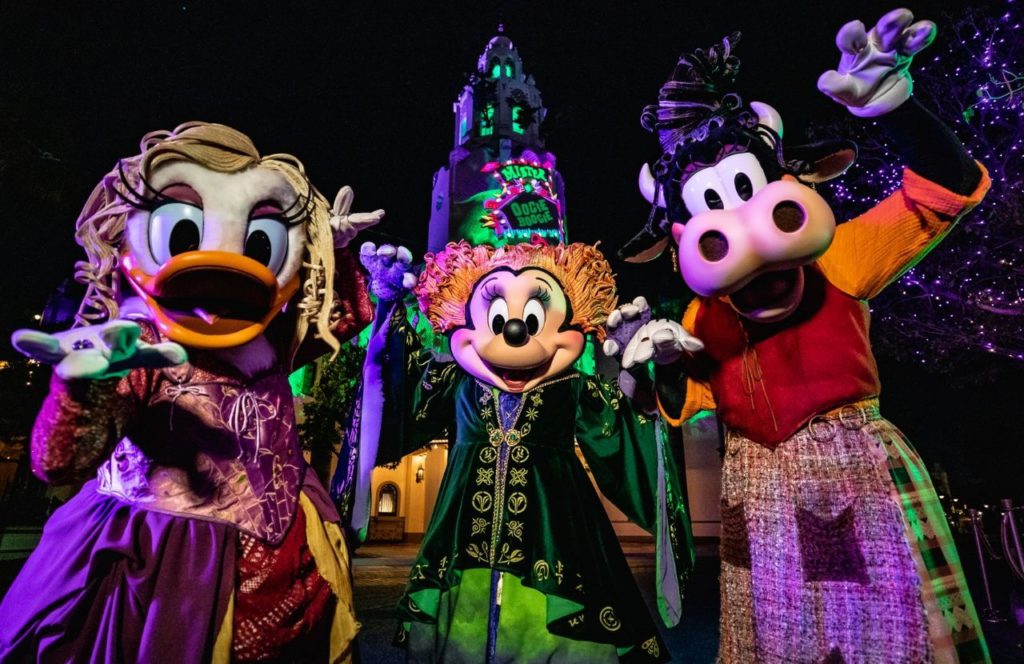 Minnie Mouse, Daisy Duck and Clarabelle Cow dressed as the Sanderson Sisters from Hocus Pocus during Halloween at Disneyland and Disney California Adventure Oogie Boogie Bash Party