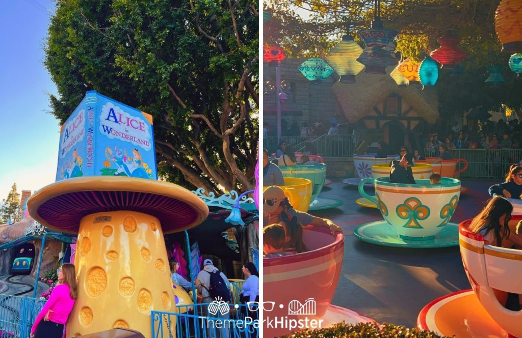 Disneyland Resort Alice in Wonderland Ride next to Mad Hatter Tea Party Ride in Fantasyland. Keep reading to get the best Disneyland tips for your first trip.
