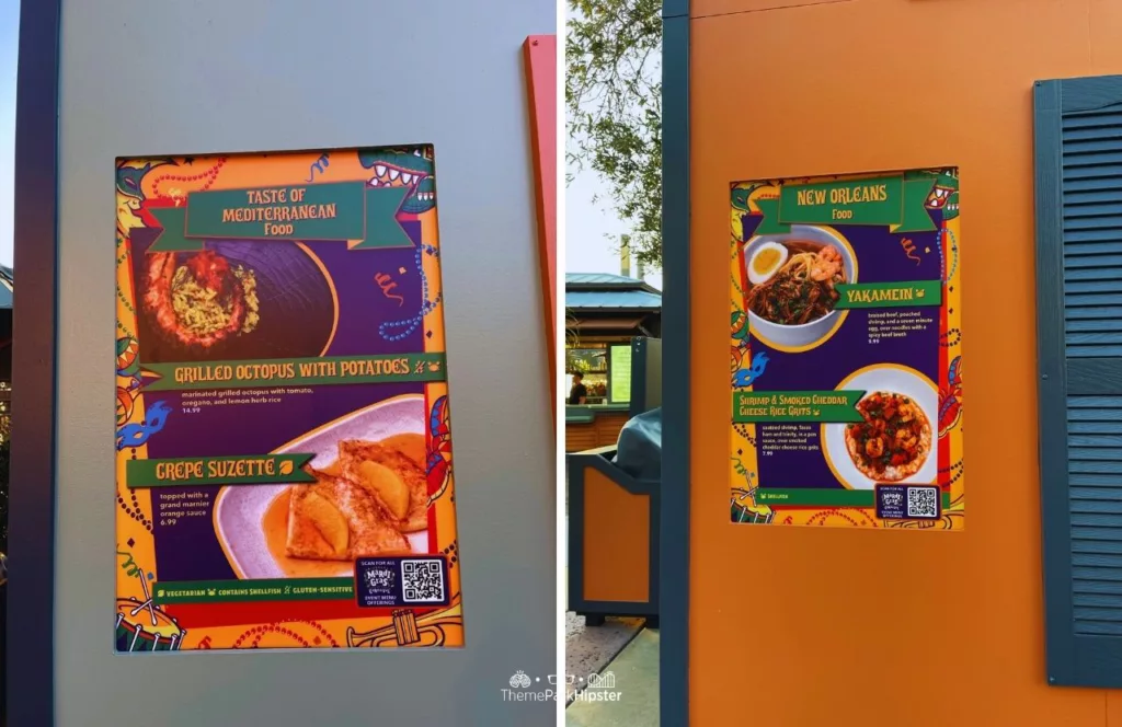 Universal Orlando Resort CityWalk Mardi Gras Booth New Orleans Menu and Mediterranean Food Menu