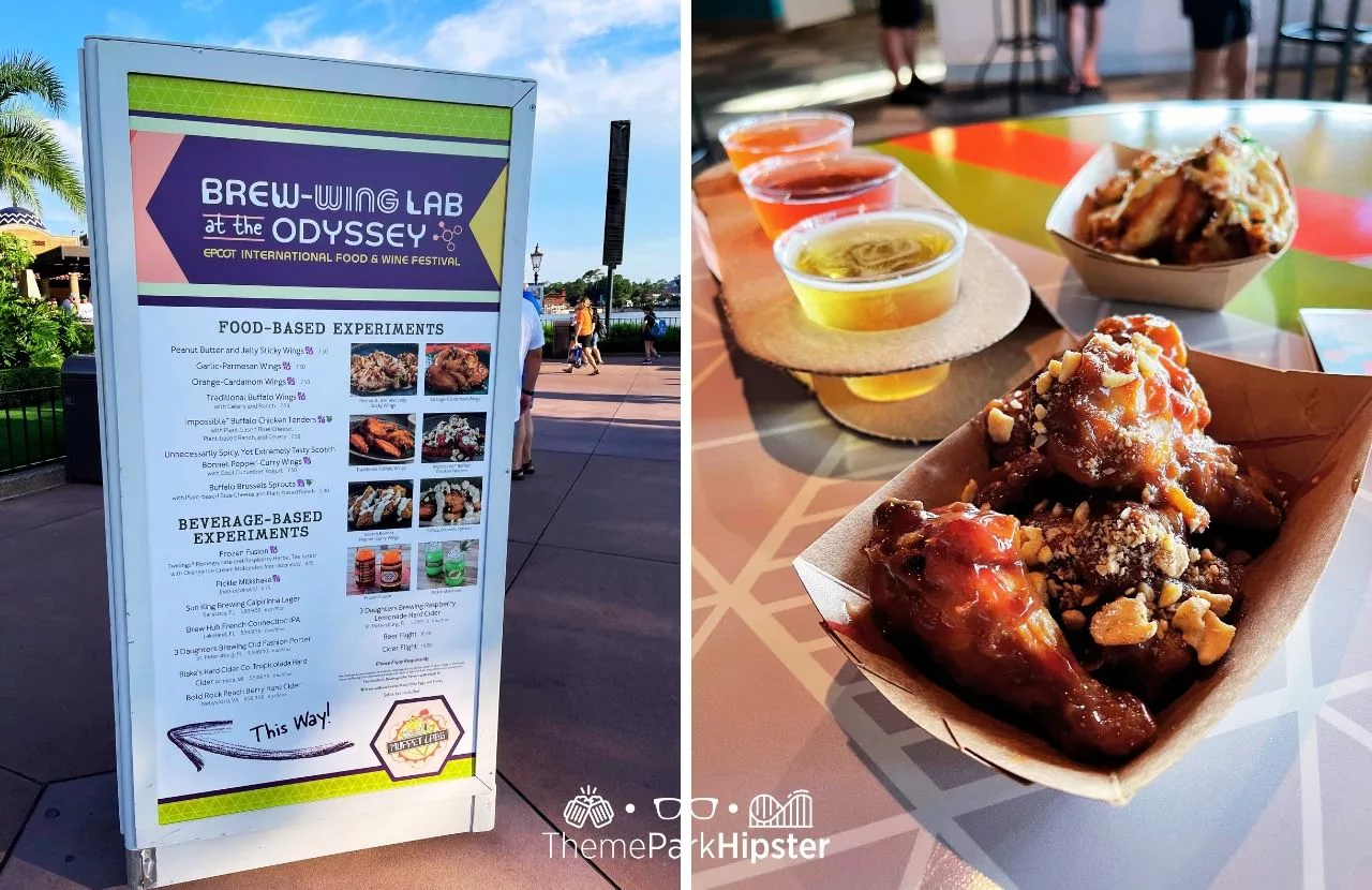 2024 Epcot Food and Wine Festival at Disney Brew Wing Lab in the Odyssey with Cider Flight Parmesan and Peanut Butter and Jelly Chicken Wings