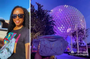 Epcot Food and Wine Festival at Disney Fanny Pack with NikkyJ and Spaceship Earth one of the best disney solo trip essentials.