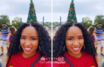 NikkyJ in front of Christmas tree at SeaWorld Orlando Christmas Celebration on a solo theme park trip!