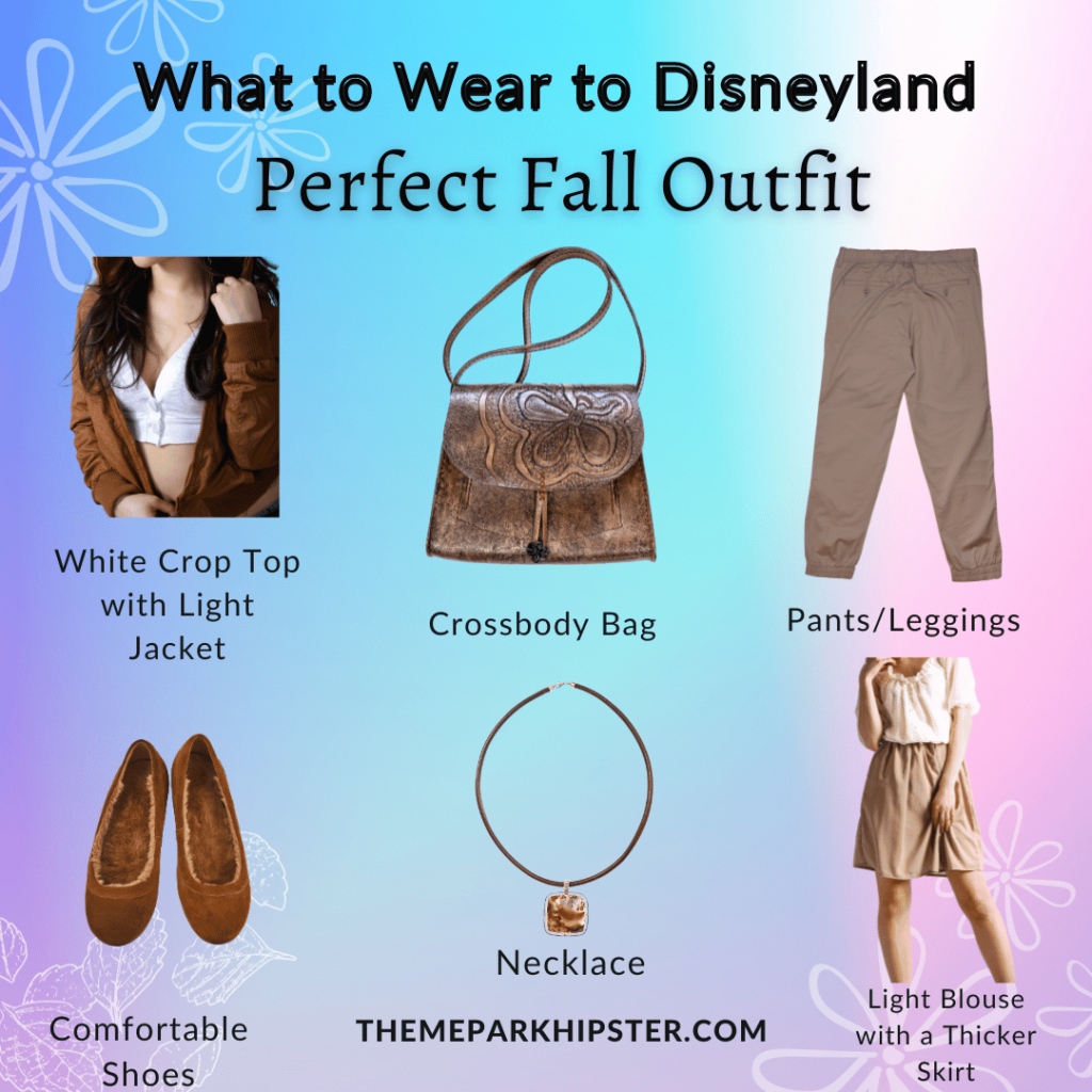 Main Disney Outfit What to Wear to Disneyland in November Lady with Brown Jacket and White Crop Shirt with Crossbody Bag, Tan Leggings, flat shoes, necklace and blouse with skirt.