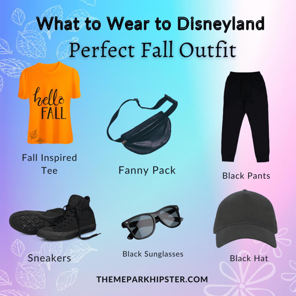 Main Disney Outfit What to Wear to Disneyland in September with orange "hello fall" shirt, black fanny pack, black pants, sneakers, sunglasses and black hat.