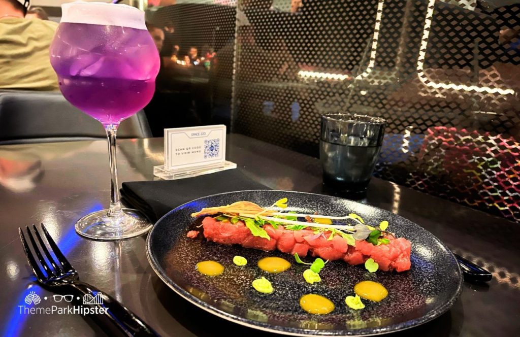 Space 220 Restaurant at Epcot in Walt Disney World Neptuna Tuna Tartare with Command Center Cocktail Drink