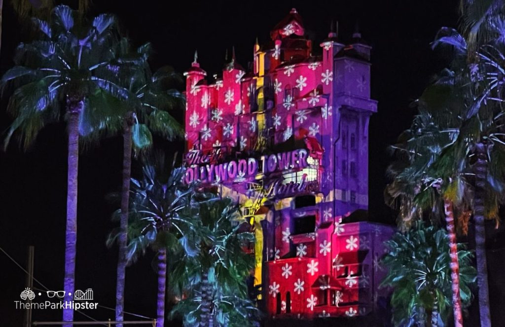 Disney Hollywood Studios Jollywood Nights Christmas Holiday Sunset Boulevard Jingle Bell, Jingle JAM Projection Sunset Greetings Show