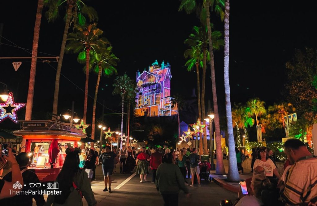 Disney Hollywood Studios Jollywood Nights Christmas Holiday Sunset Boulevard Jingle Bell, Jingle JAM Projection Show Sunset Greetings