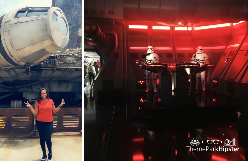 Disney Hollywood Studios Star Wars Galaxy's Edge NikkyJ in front of Millennium Force and Rise of Resistance with Storm Troopers. One of the best things to do at Disneyland and Disney California Adventure for Adults.