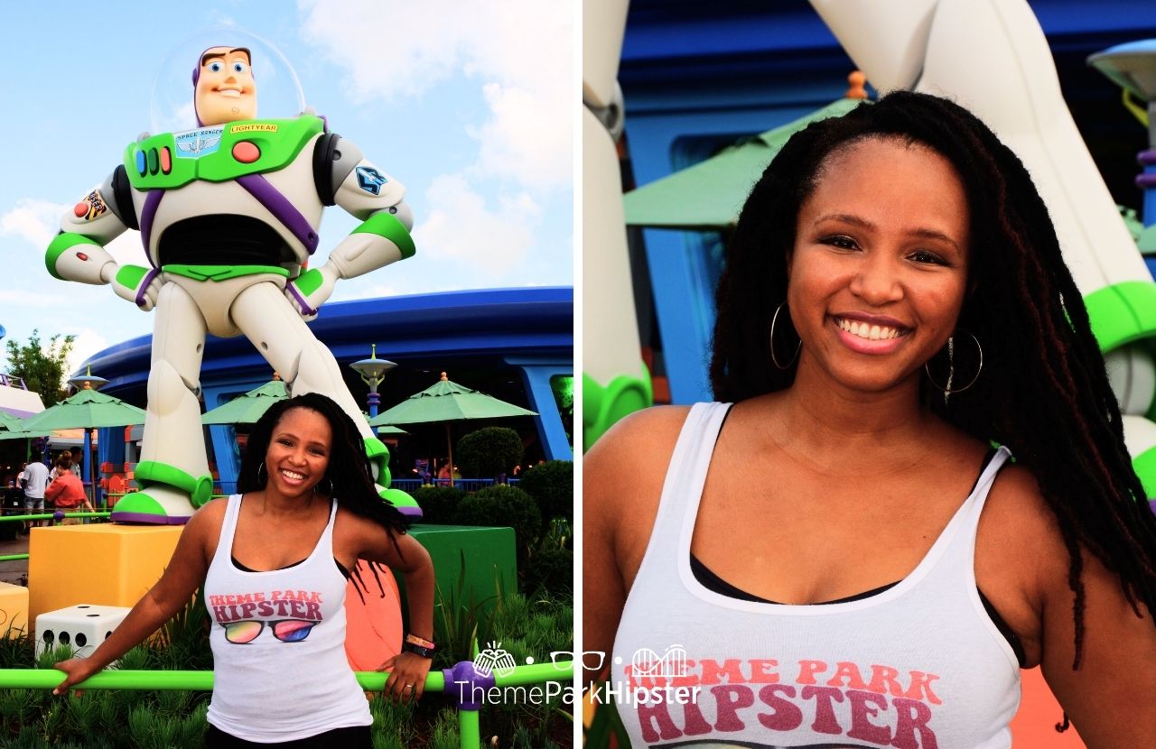 Disney Hollywood Studios Toy Story Land with NikkyJ in front of Buzz Lightyear on a solo Disney World Trip.