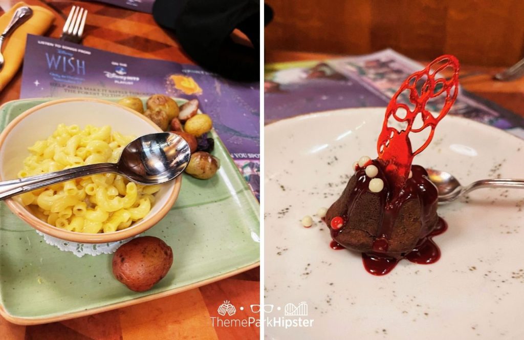 Disney Magic Kingdom Park Adventureland Skipper Canteen Restaurant Kids Mac and Cheese with Potatoes and chocolate cake. Making it one of the best restaurants at Disney World for adults!