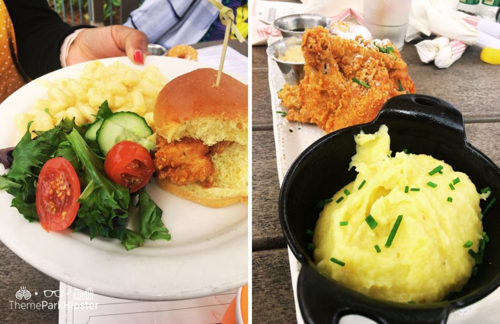 Walt Disney World Disney Springs Chef Art Smith's Homecomin Restaurant Fried Chicken Sandwich with Chips and Mashed Potatoes. Keep reading to get the full guide to the free Disney dining plan.