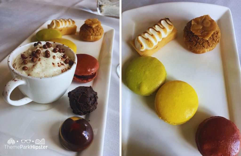 Walt Disney World Epcot Monsieur Paul Restaurant in France Pavilion Dessert platter with macaroons and chocolate mousse with happy birthday