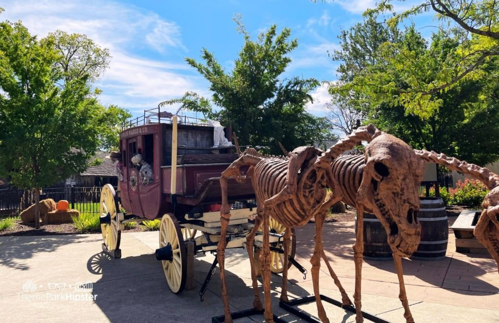 Cedar Point Amusement Park Ohio Frontier Town Halloweekends decor with Wells Fargo and Co. horse and Carriage