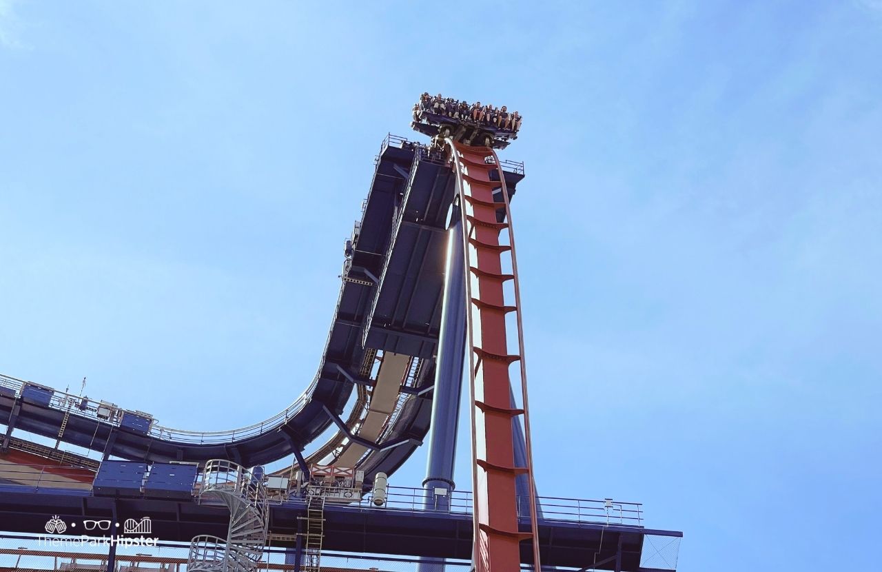 Cedar Point Amusement Park Ohio Valravn Drop Roller Coaster with riders dangling in the air