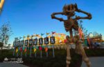 Cedar Point Ohio Amusement Park The Bone Walk Boardwalk with Wild Mouse Roller Coaster at 2024 Halloweekends with Skull decor.