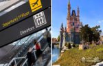 Airport Departure signs and Cinderella Castle at Magic Kingdom. One of the best ways to find cheap flights to Disney