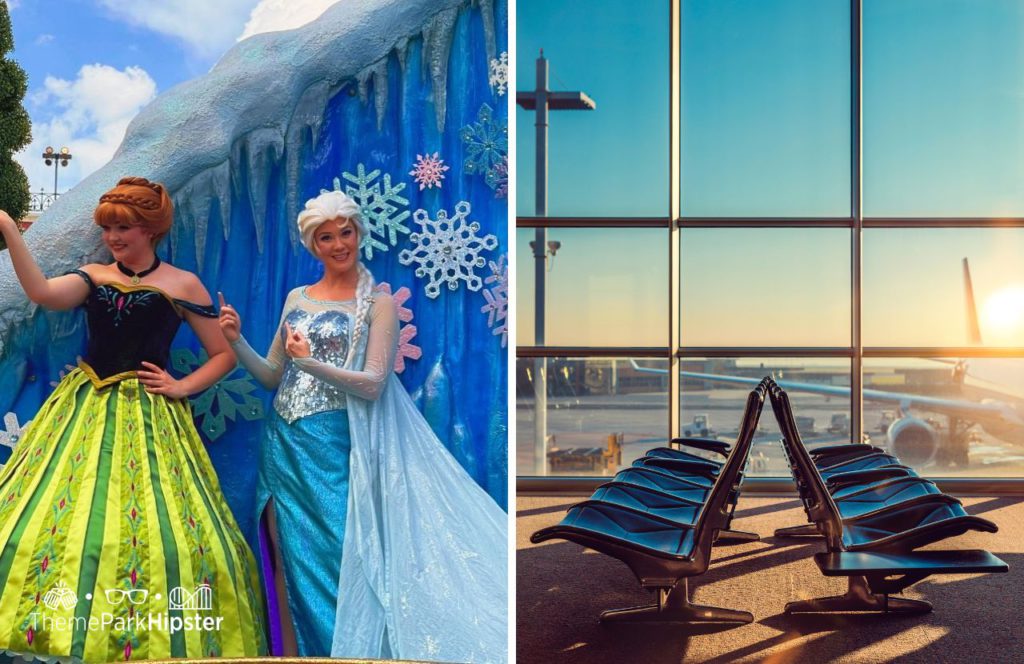 Ana and Elsa from Frozen at Magic Kingdom Parade next to airport. Keep reading to find out if Disney World Travel Protection Plan is worth it.