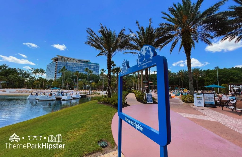 Paddle Boats and Swan Reserve Hotel and Dolphin Resort Hotel at Walt Disney World. One of the best Disney World Resorts for solo travelers.