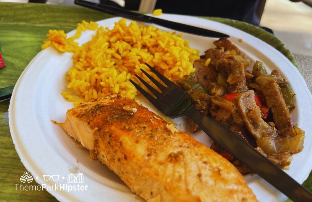 Salmon and rice Lunch at Laguna Grill Discovery Cove All Inclusive Water Park at SeaWorld Orlando. Keep reading to find out more about Discovery Cove All Inclusive Water Park at SeaWorld Orlando.