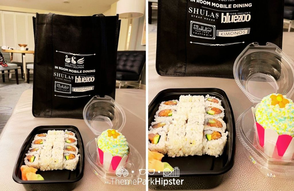 Sushi in room services from kimonos and a cupcake Swan and Dolphin Resort Hotel at Walt Disney World. Keep reading to find out more about Swan and Dolphin Resort at Walt Disney World.
