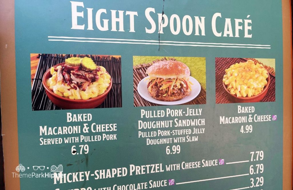 Discovery Island Eight Spoon Cafe Mac and Cheese and pulled pork jelly doughnut sandwich. One of the best snacks at Animal Kingdom.