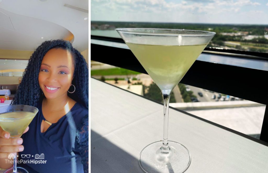 Nikky enjoying a French 75 Martini Cocktail Drink at California Grill Restaurant at Disney World's Contemporary Resort. Keep reading to get the ultimate guide on the best monorail resorts at Disney World.