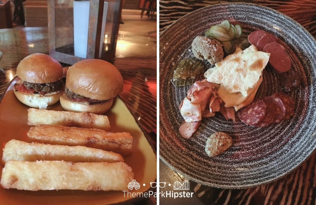 Nomad Lounge Beef Slider Burgers with Yuca Fries and meat plate Disney Animal Kingdom Theme Park