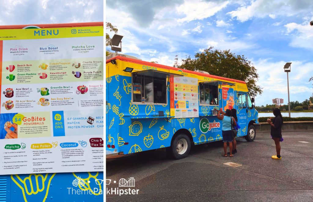 Disney Springs Food Trucks Go Juice with Disney Spring visitors ordering at the window. Keep reading to learn more about the Disney Springs food trucks.