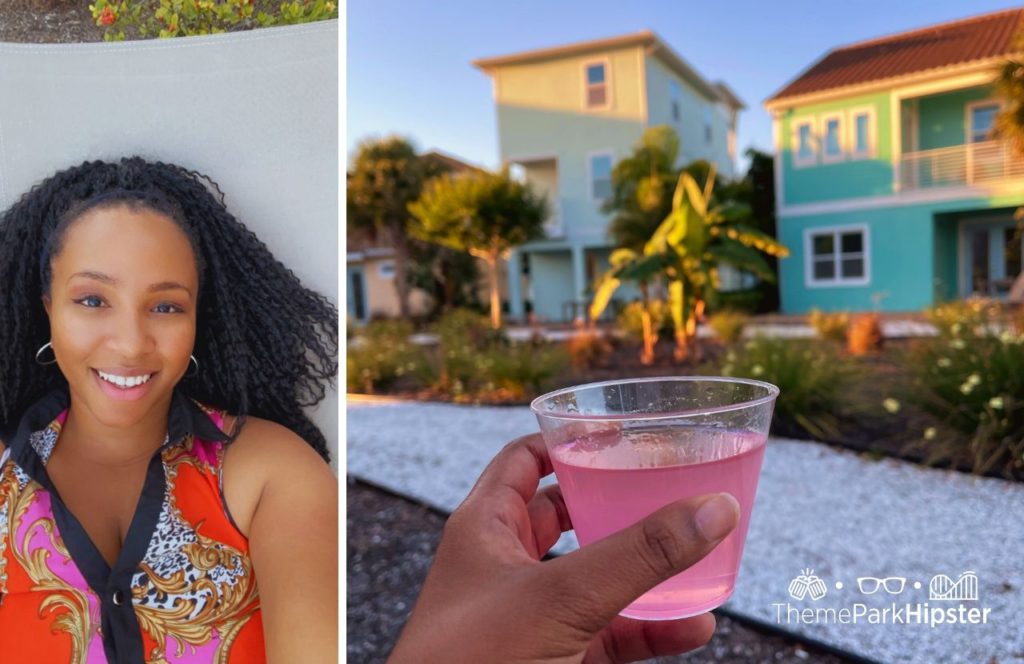 5 bedroom Cottage with NikkyJ relaxing and enjoying a cosmo at Margaritaville Resort Orlando Hotel. Keep reading for the full guide to Margaritaville Orlando Resort Hotel near Disney World.