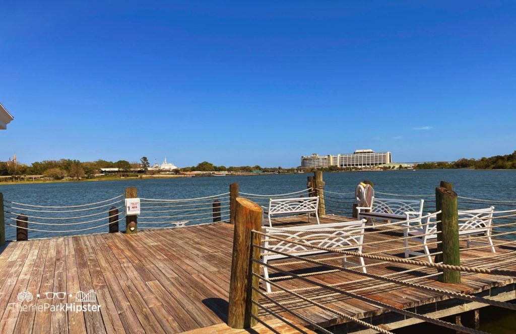 Boat Pier overlooking lagoon and Contemporary Resort at Disney Grand Floridian Resort