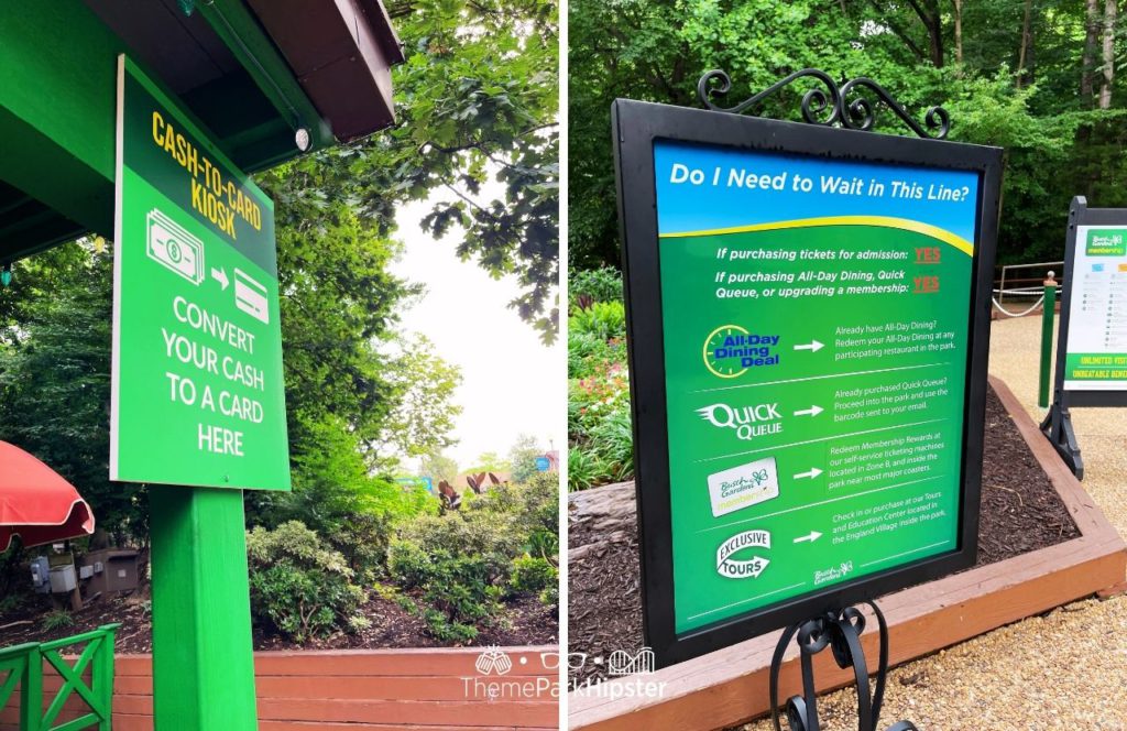 Cash to Card Kiosk with All Day Dining and Quick Queue Sign at Busch Gardens Williamsburg Virginia. Keep reading to find out all you need to know about visiting Busch Gardens in Williamsburg Virginia.