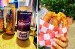 German Pretzels & Beer with Darkoaster Black Lager and giant pretzel at Busch Gardens Williamsburg, Virginia All Day Dining Plan Guide