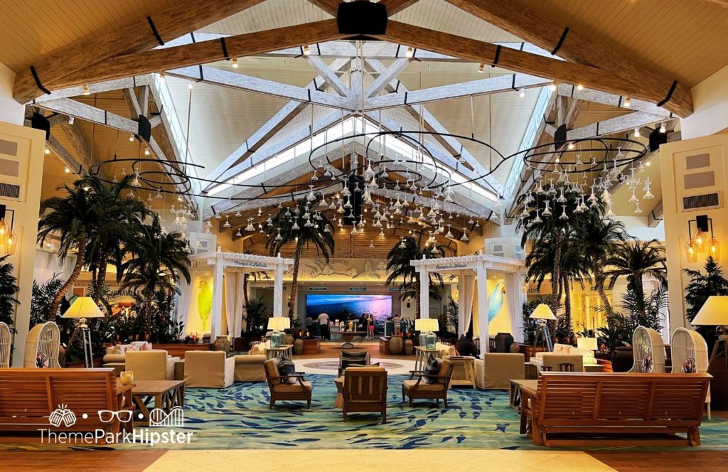 Lobby area at Margaritaville Resort Orlando Hotel. Keep reading to find out more about a vacation at Margaritaville Orlando Resort Hotel.