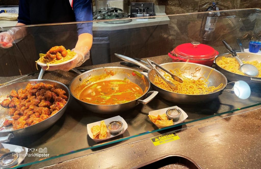 Orange Chicken dumplings and noodles at Marco Polo's Marketplace Restaurant in Italy Area at Busch Gardens Williamsburg, Virginia for the All Day Dining Deal Plan.