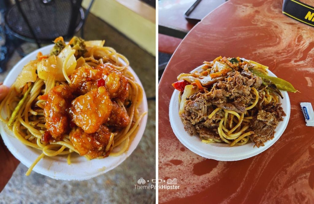 Orange Chicken with Beef and Noodles at Marco Polo's Marketplace Restaurant in Italy Area at Busch Gardens Williamsburg, Virginia. Keep reading this full guide to learn everything you need to know about the Busch Gardens Williamsburg Elite VIP Tour.