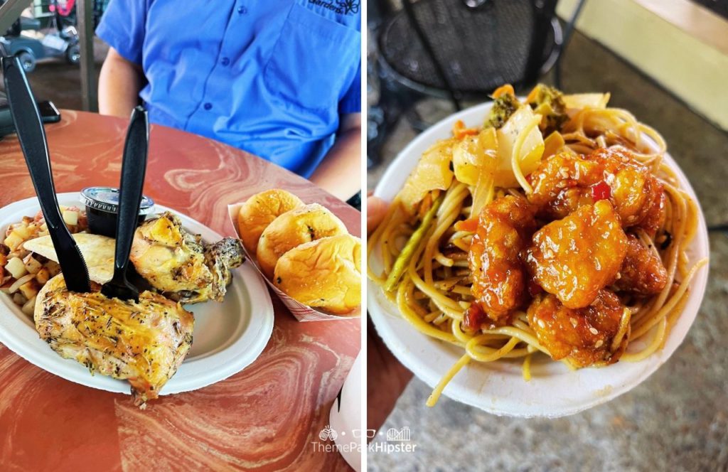 Orange Chicken with Rotisserie Chicken at Marco Polo's Marketplace Restaurant in Italy Area at Busch Gardens Williamsburg, Virginia for the All Day Dining Deal Plan.