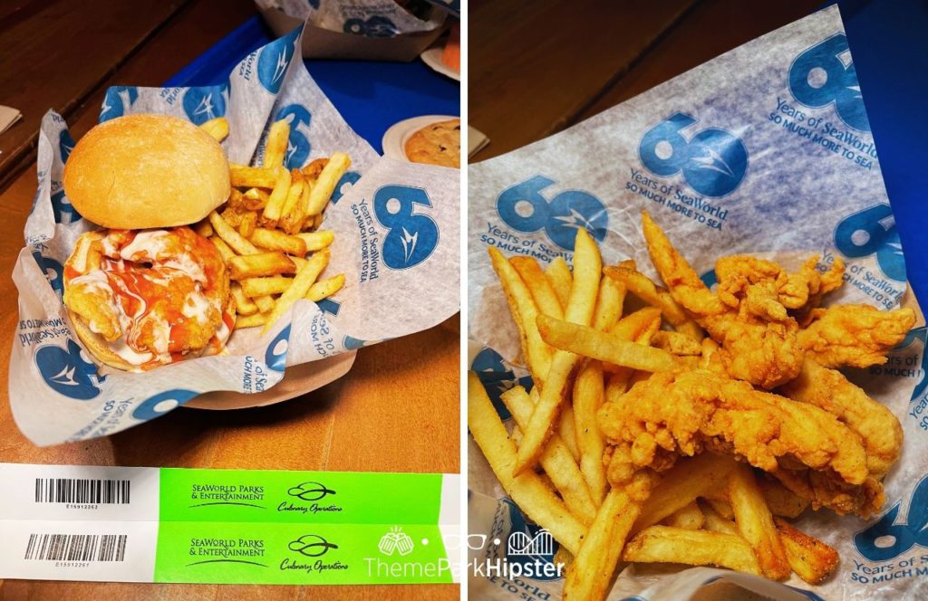 SeaWorld Orlando Resort Seafire Grill All Day Dining Wristband with Buffalo Chicken Sandwich with Chicken Fingers and Fries