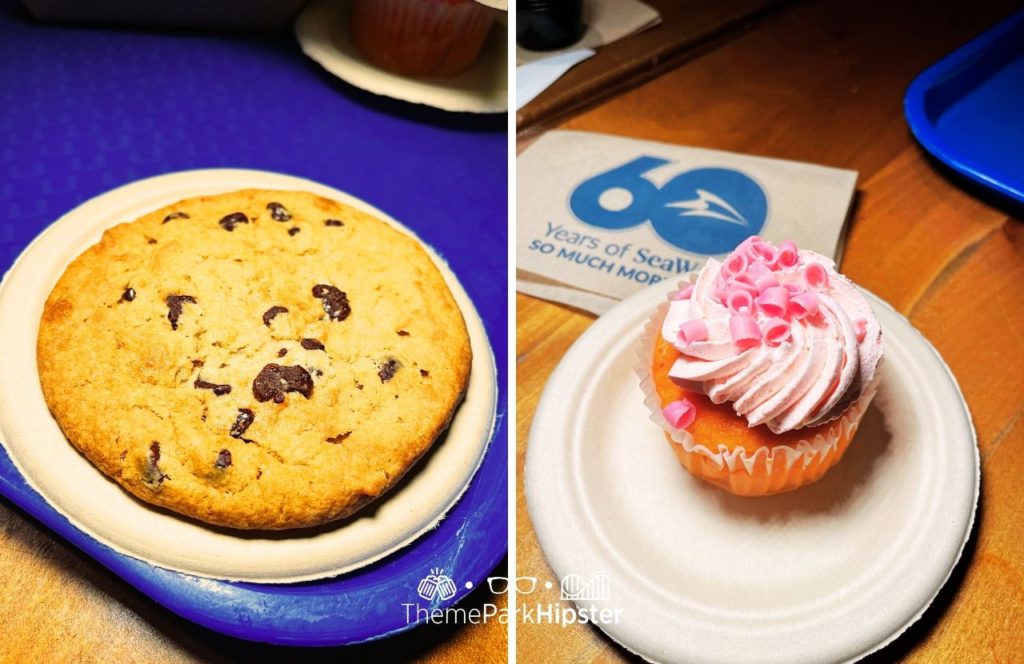 SeaWorld Orlando Resort Seafire Grill All Day Dining with Chocolate Chip Cookie and Strawberry Cupcake. One of the Foods at SeaWorld Orlando and The Best Things to EAT.