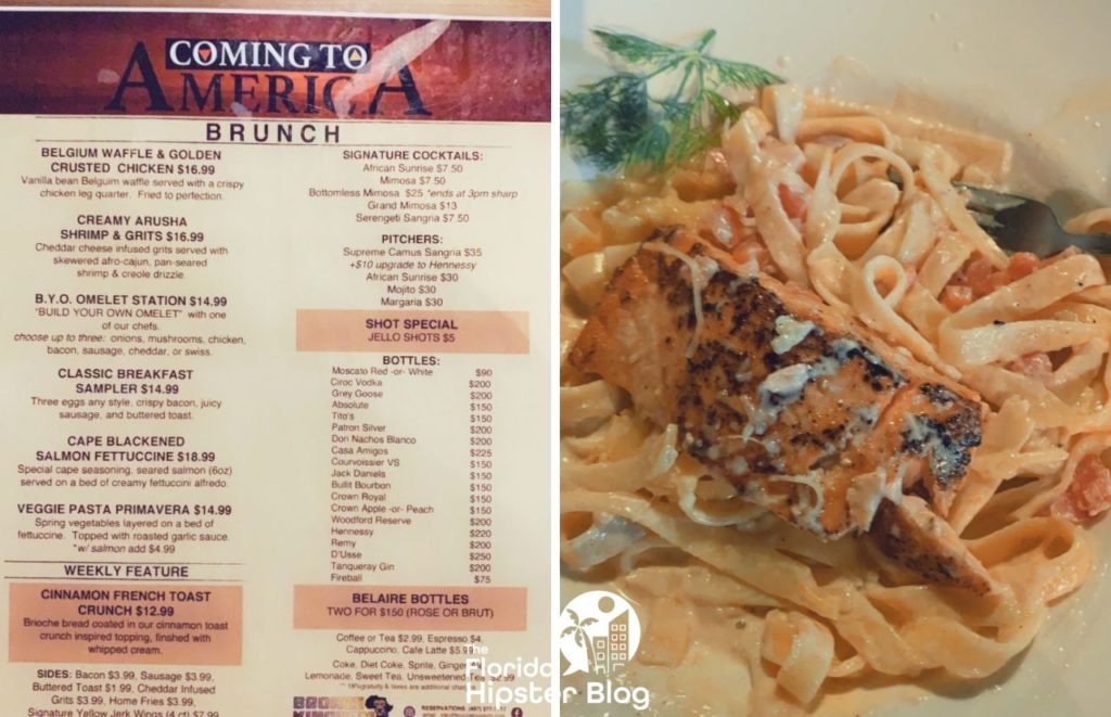 Coming to America Brunch at the Bronze Kingdom in Orlando Florida Menu with Salmon over Pasta