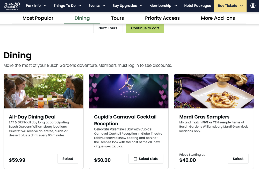 Busch Gardens Williamsburg All Day Dining Upgrade Options