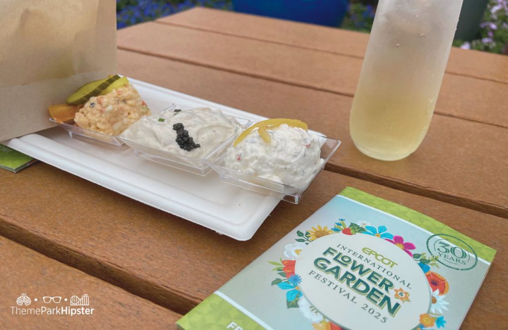 2025 Epcot Flower and Garden Festival Yacht Grub Trio of Dips and Chips with Elderflower Cocktail Drink