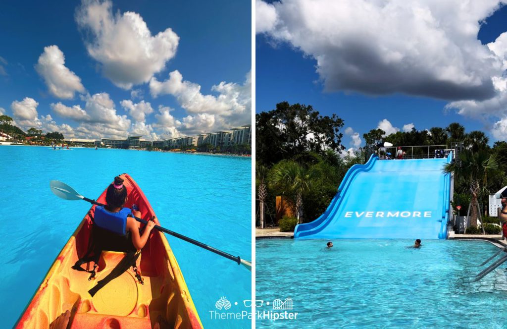 Kayaking in Beach Pool and Water Park Slide in Conrad Orlando Hotel at Evermore a Hilton Resort Near Disney World. One of the best Orlando family resorts with a water park near Disney.